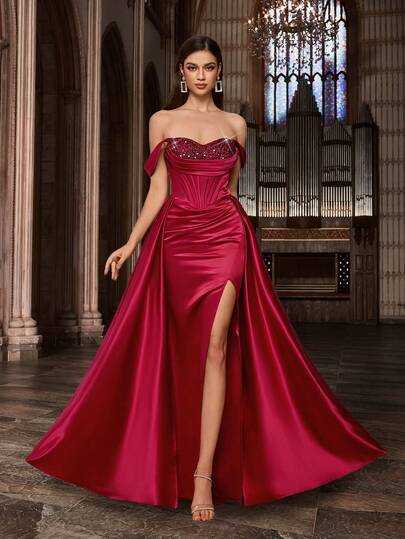 QOQ Elegant Satin Luxury Evening Gown, Embellished With Sequins, Suitable For Formal Galas, Charity Balls, Birthday Parties, Cocktail Parties, High Society Dinners, Awards Ceremonies, Etc. Solid Color Backless High Slit Strapless Long Dress