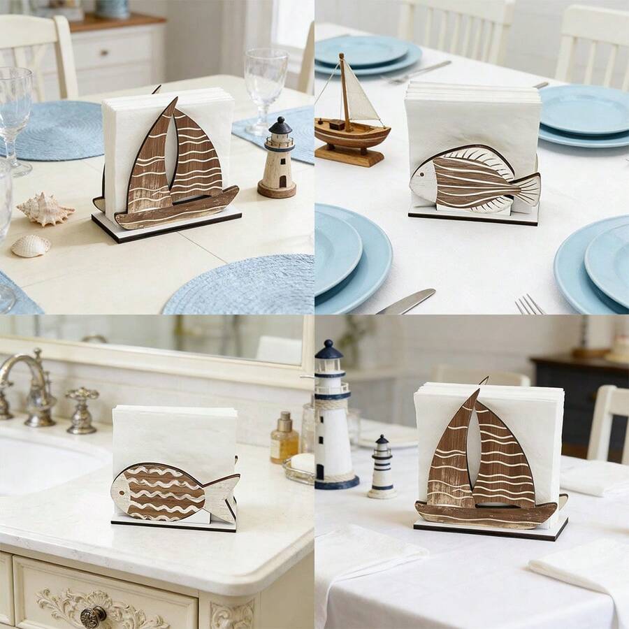 1/3pcs Rustic Wooden Napkin Holder, Ocean Theme Fish & Sailboat Design, Freestanding Paper Towel Rack, Suitable For Kitchen Counter, Dining Table And Coffee Table, Central Decor Piece For Mediterranean Coastal Home - Multicolor - View 1