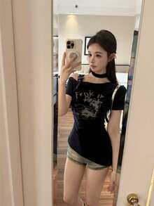 性感褶皱腰身修身不对称肩短袖T恤 - 寶藍色 - 查看 5