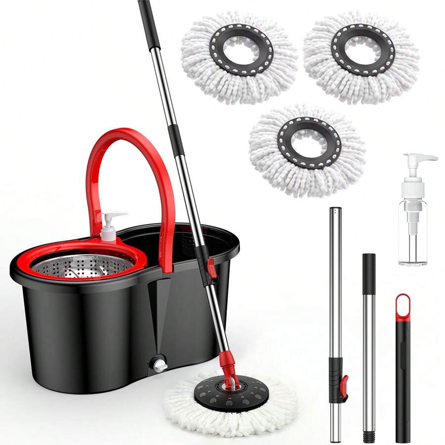 Three  And Bucket Sets, Including A 360° Swivel  Head, Three/Four Microfiber  Heads, And A 61-Inch Adjustable Handle, For High-Efficiency Cleaning Products. Hot  Floor Spin 1-Tank System  Stainless Steel Mop Dry Flat Toddler Mini New Long Hotel Luxury - B - 查看 1