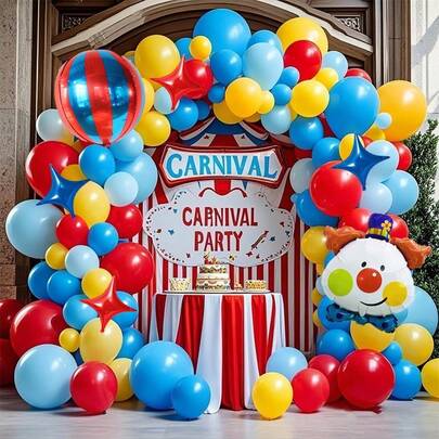 Carnival Circus Theme Balloon Arch Set, Includes 125pcs Blue, Red, Yellow Latex Balloons (18/10/5 Inch), Plus Cartoon Clown, Round Balls, Star Foil Balloons, Suitable For Birthday Party And Gender Reveal Party