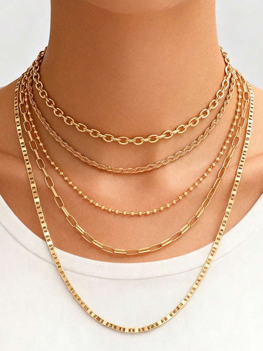 5pcs Set Gold Minimalist Churro Shaped Beaded Layered Necklace, Suitable For Women's Daily Wear And Shopping Party - Gold - View 1