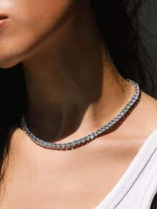1 Pc 3mm-4mm Top Hip Hop Four Claw Moissanite Rhinestone Tennis Chain Necklace, Adjustable Clavicle Necklace (S925 Sterling Silver), Sparkling Light, Luxury High-End, Exquisite And Fine, Women's Jewelry Gift - Full Diamond Necklace - View 1