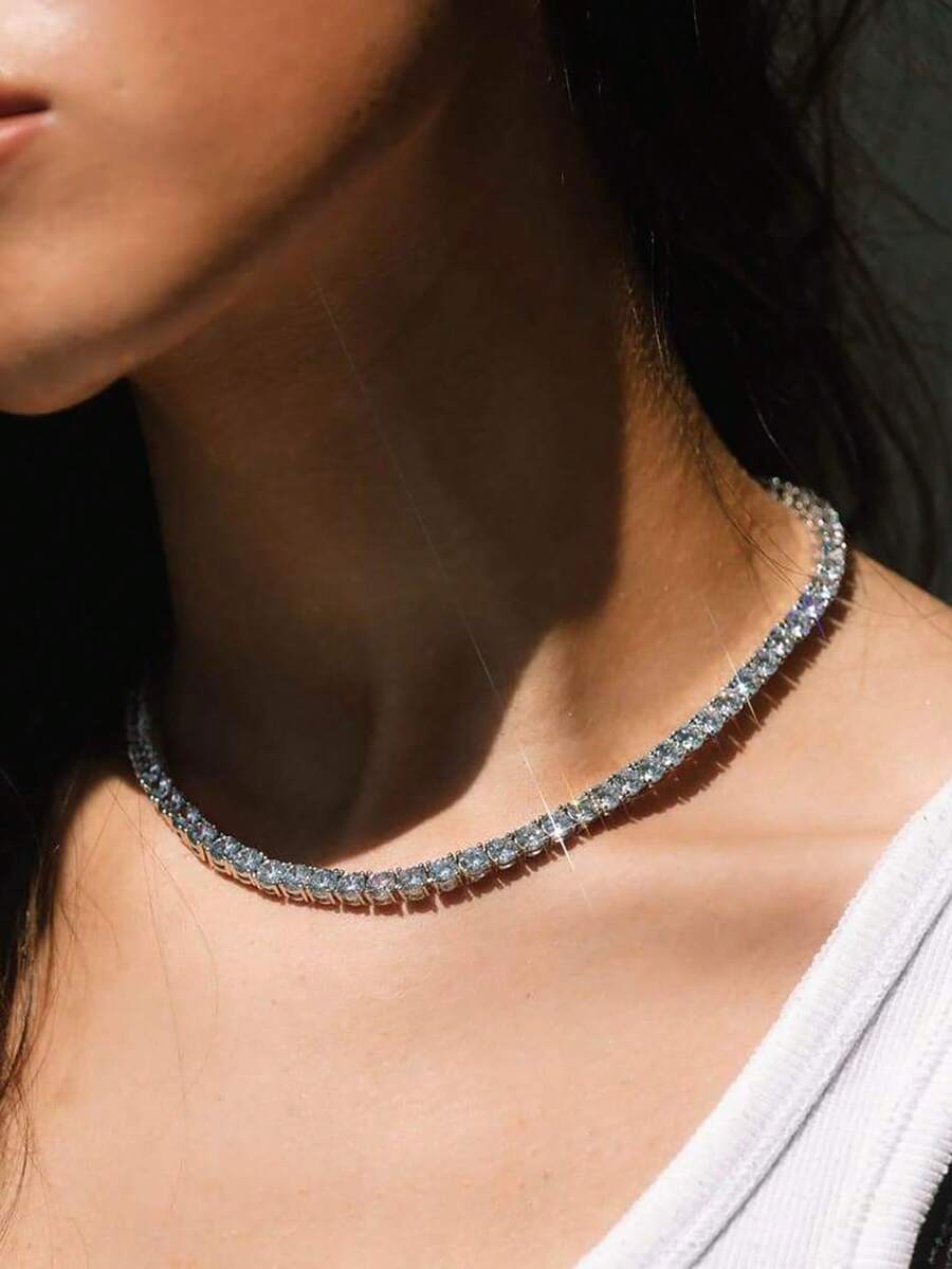 1 Pc 3mm-4mm Top Hip Hop Four Claw Moissanite Rhinestone Tennis Chain Necklace, Adjustable Clavicle Necklace (S925 Sterling Silver), Sparkling Light, Luxury High-End, Exquisite And Fine, Women's Jewelry Gift - Full Diamond Necklace - View 1
