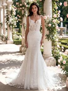 HEARBOBO Elegant Luxury Sleeveless Bridal Dress, Baroque White Lace Engagement Backless Mermaid Bohemian Wedding Gown With Train - White - View 4