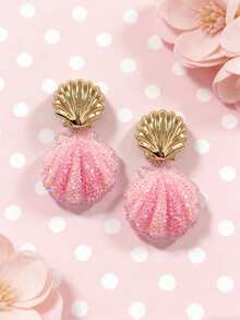 Pink Mermaid Style Shiny Resin Shell Pendant Earrings - Minimalist Shell Earrings - View 2