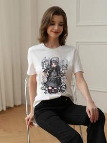 新款夏季 Z 世代 Y2K 风格女式印花圆领短袖 T 恤休闲款 - 白色 - 查看 2