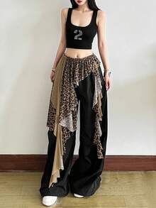 女士性感派对风不对称豹纹荷叶边迷你裙，轻盈弹力涤纶面料 - 棕色 - 查看 6