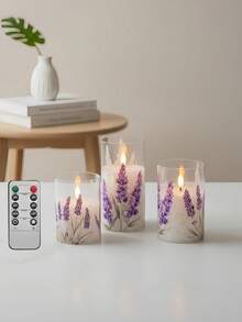 3-Piece Flameless Candle Set With Remote Control, Battery-Powered, Purple Lavender Twinkling LED Candles, Floral Christmas Decorations, Electric Column Candles. - Họa tiết hoa oải hương - Xem 1