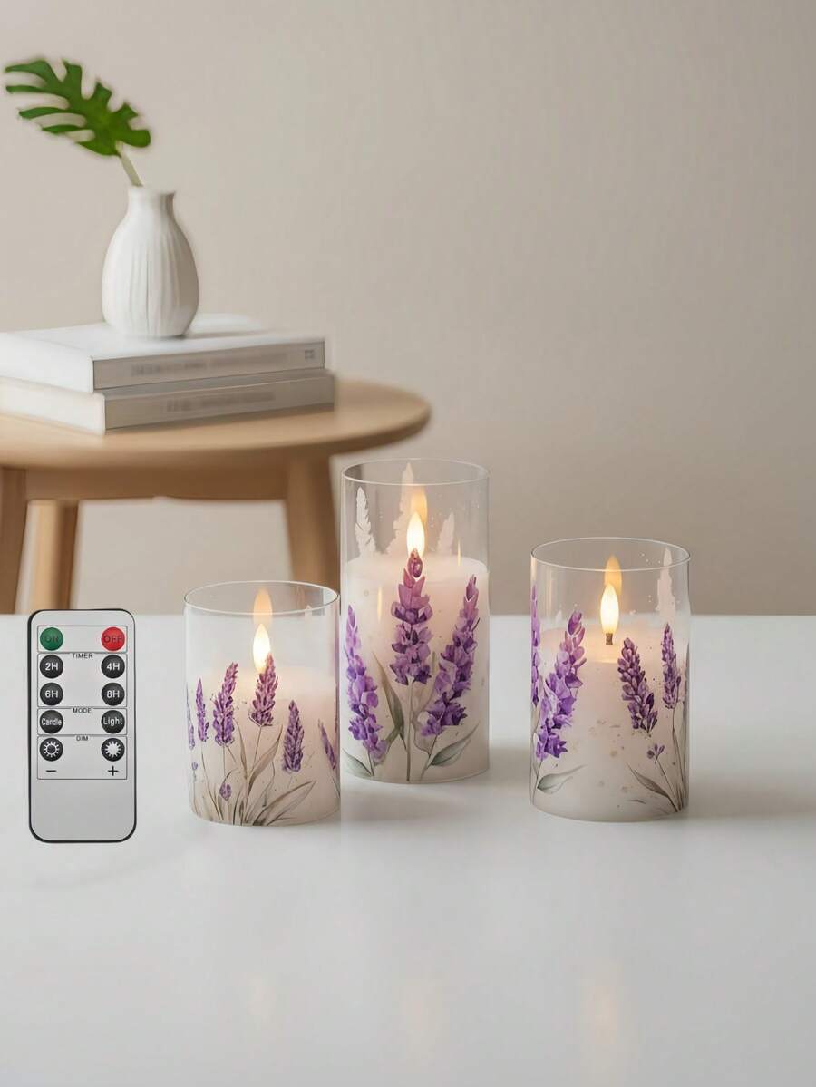 3-Piece Flameless Candle Set With Remote Control, Battery-Powered, Purple Lavender Twinkling LED Candles, Floral Christmas Decorations, Electric Column Candles. - Họa tiết hoa oải hương - Xem 1