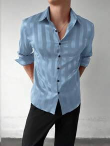 Camisa casual de manga larga con botones y estampado de rayas para hombre - Celeste - Ver 5