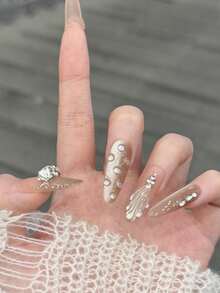 Bộ 10 miếng dán móng nghệ thuật, phong cách nàng tiên cá mùa thu, xuân hè mới, đính đá lấp lánh, dịu dàng, tinh khiết và quyến rũ, rực rỡ, hiệu ứng mắt mèo, móng nghệ thuật thủ công có thể đeo được. - Nhiều màu - Xem 3