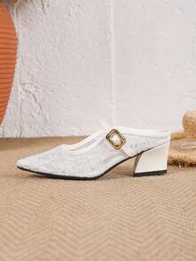 尖头粗跟浅口优雅网纱刺绣镂空透气穆勒鞋，舒适休闲百搭日常通勤女鞋，搭扣设计，适合派对、办公等场合的时尚鞋履 - 白色 - 查看 7