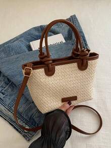 2025 Women's Woven One Shoulder Crossbody Bag, Large Capacity Vacation Beach Tote Handbag, Commuter - White - View 9