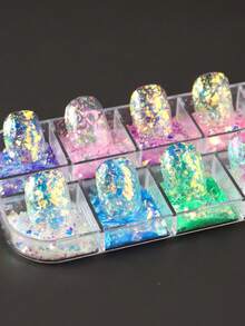 12 Grids Irregular Flakes Nail Sequins Glitter, Holographic Mermaid Blue Pink Nail Art Sequins, Spring Summer Japanese Design Nail Art Glitter Flakes Decorations Manicure - Multicolor - View 5