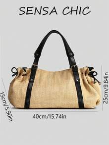 Esta nueva bolsa de tote de color caqui sólido presenta una correa para el hombro negra y un diseño de cordón grande. Es una bolsa de playa elegante perfecta para viajes, compras y ocio. - Caqui - Ver 4