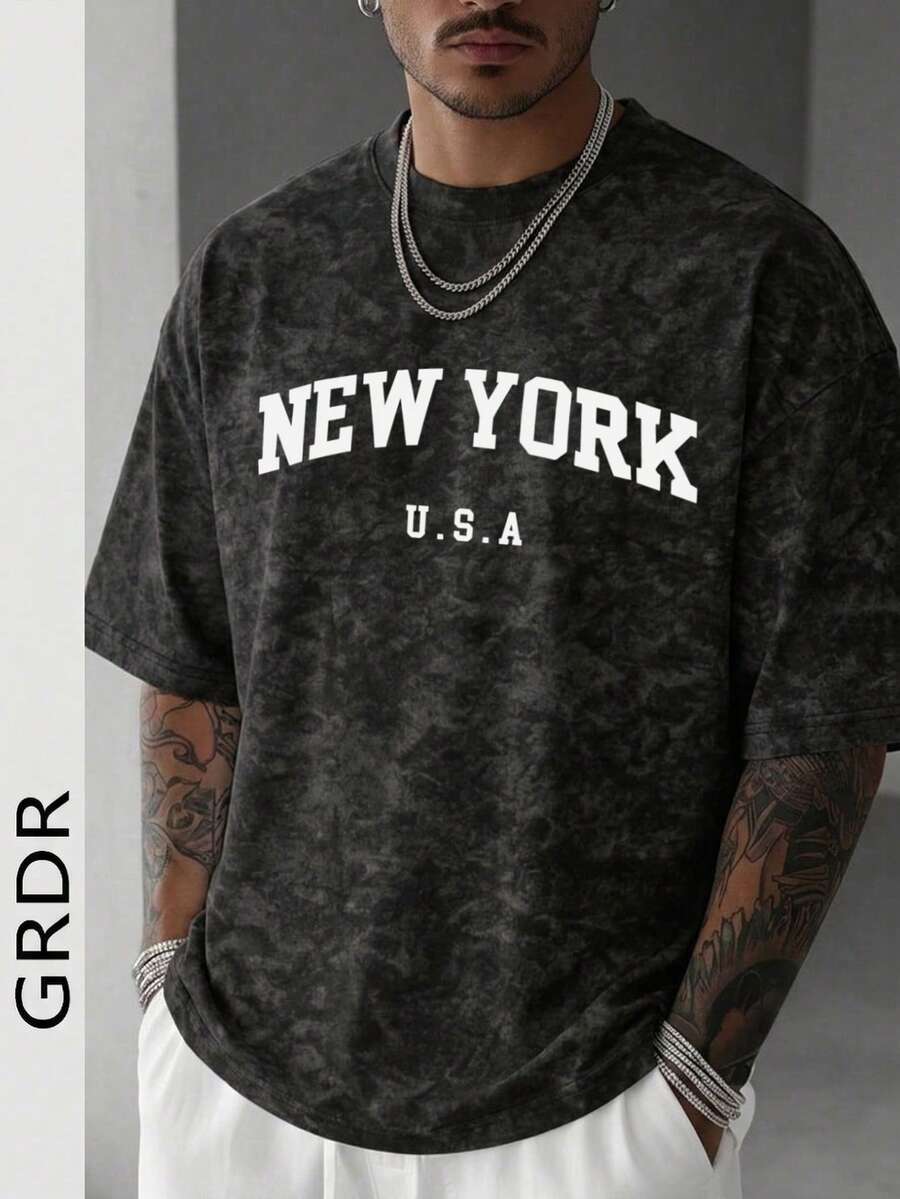 Áo thun nam tay ngắn cổ tròn in họa tiết New York của GRDR, kiểu dáng thường ngày, thoải mái và thời trang. - màu đen - Xem 1