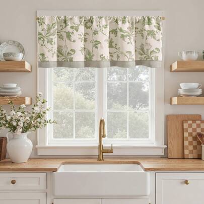 1Pc Farmhouse Valance Curtain  - Blackout Window Panel Suitable For Kitchen & Living Room, Rod Pocket, Machine Washable Blocking Curtain For Beige With Green Floral Valance, Perfect For Living Room, Bedroom, Balcony, Study Room, Kitchen, Home Decor And Accessories (Rod Not Included)