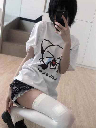2026 Summer New Arrival Casual Loose Graffiti Crying Cat Print T-Shirt, Cute Anime Style Soft Moe Kawaii Sweet Student Girl Short Sleeve Top