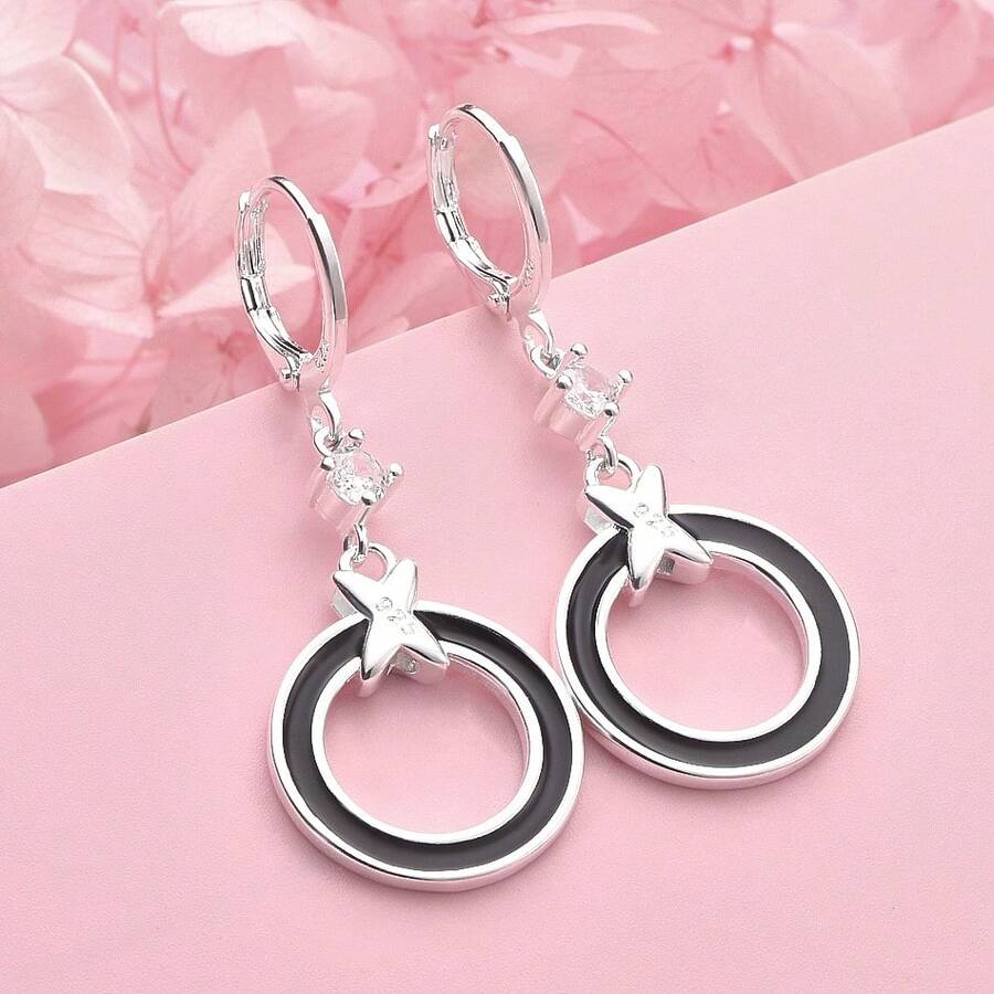 1 Đôi bông tai tròn đơn giản, thanh lịch, mạ bạc 925, trang sức thời trang dành cho nữ, thích hợp làm quà tặng dự tiệc cưới. - Bạc - Xem 1