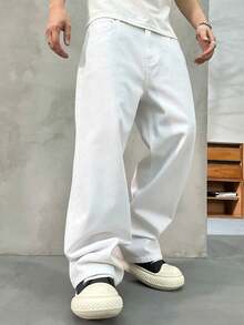 HEHCN 男士口袋宽松阔腿牛仔裤，黑色街头风休闲裤，适合送给丈夫或男友 - 白色 - 查看 6