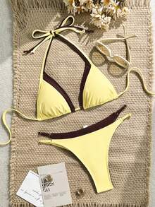 LUCKY HOLIDAY Bộ bikini tam giác gợi cảm mùa hè họa tiết da báo với dây buộc và phụ kiện dây xích kim loại, thích hợp cho kỳ nghỉ. - màu nâu vàng - Xem 3