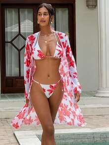 3pcs Women's Bikini Set, Red Floral Print Swimsuit, Triangle Padded Top, Tie-Front Bottoms And Mesh Cover-Up, Summer Beach Outfit - Multicolor - View 8