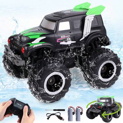  Learn2M Amphibious Remote Control Cars, 1/20 Stunt RC Rock Crawler Monster Truck Toy With Two Alternative Rechargeable Batteries, All-Terrain 4WD Off-Road Vehicle Toys Gift For Kids Age 8-12 Green