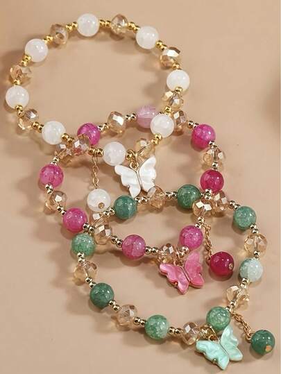 3 Pieces Set Of Bohemian-Style Glass Bead Bracelets, Paired With A Butterfly Pendant, Vintage And Elegant Women's Wrist Accessories, An Ideal Birthday Gift, Charming Bracelets