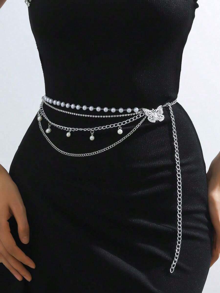 Y2K & 1pc Women Faux Pearl & Butterfly Decor Fashionable Chain Belt, For Dress Decoration Party Halloween Summer, School Fall, Autumn, Halloween - 銀色 - 查看 1