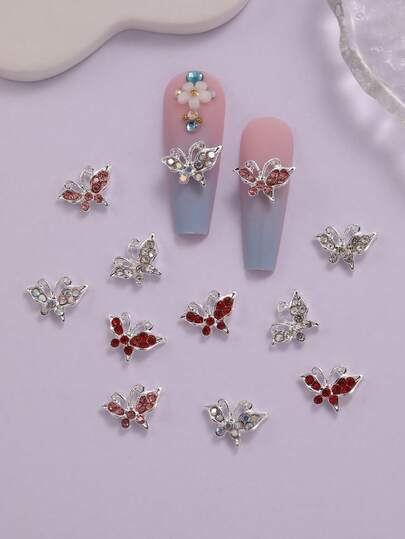 5件套水钻3D蝴蝶美甲装饰品，多种颜色可选，适用于美甲装饰和DIY美甲设计，无香型，美甲爱好者的美甲用品