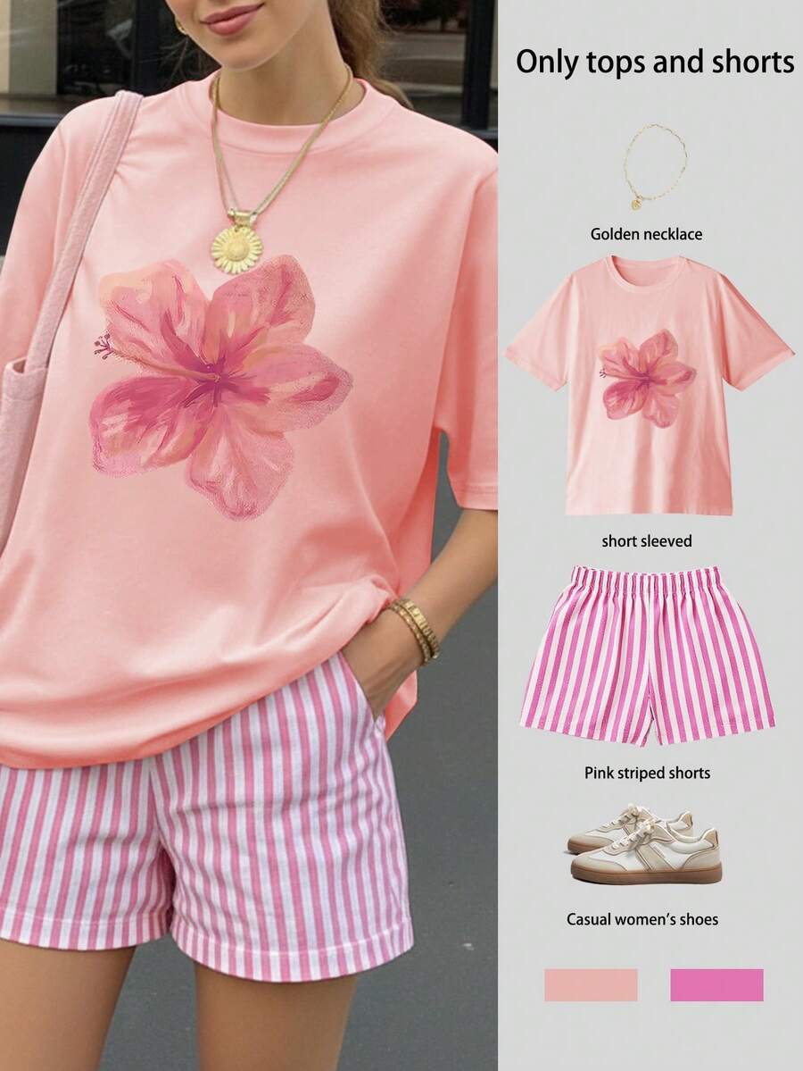 女士印花短袖上衣和条纹短裤休闲日常穿搭 粉色 - 粉色 - 查看 1