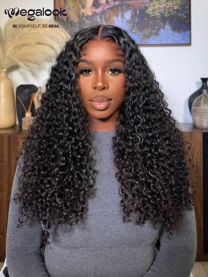 MEGALOOK 深卷曲 6x5 蕾丝 100% 真人发假发 透明蕾丝前额假发 20 英寸 自然色 女士日常佩戴 度假风格 舒适易戴