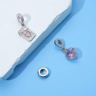 1 chiếc hạt trang trí hình trái tim màu hồng đính đá Zirconia thời trang, kèm hạt đế tròn và thẻ hình trái tim màu hồng dành cho nữ, phù hợp để làm vòng tay, lắc tay, tự làm trang sức, quà tặng kỷ niệm, trang sức cao cấp cho quý cô.