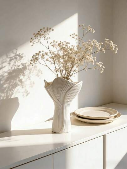 1pc Vase Decor, Modern Minimalist Aesthetic Centerpiece Vase Suitable For Home, Living Room, Bedroom, Dining Room, Office, Entryway Shelf, Fireplace Decor, Weddings, Parties, Dry/Fresh Flower Arrangement, Unique Asymmetrical Wavy Texture Art Design, Scandinavian Style Home Decor, Tabletop Decoration