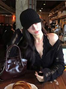 Sexy Hollow Out Black Knit Cardigan, Waist Cinched Short Length Long Sleeve, Slim Fit Commute & Date Streetwear Top - Black - View 2