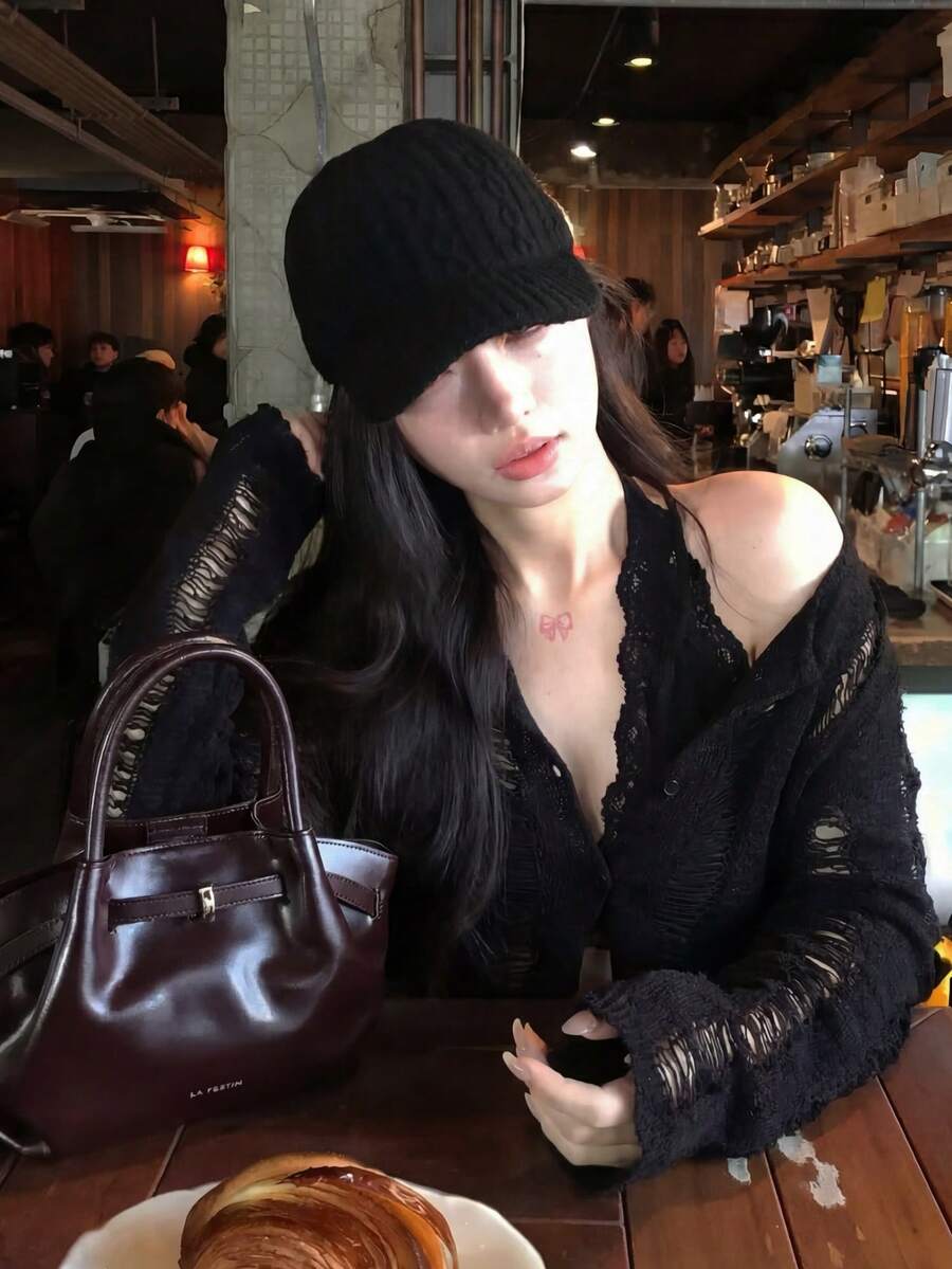 Sexy Hollow Out Black Knit Cardigan, Waist Cinched Short Length Long Sleeve, Slim Fit Commute & Date Streetwear Top - Black - View 1