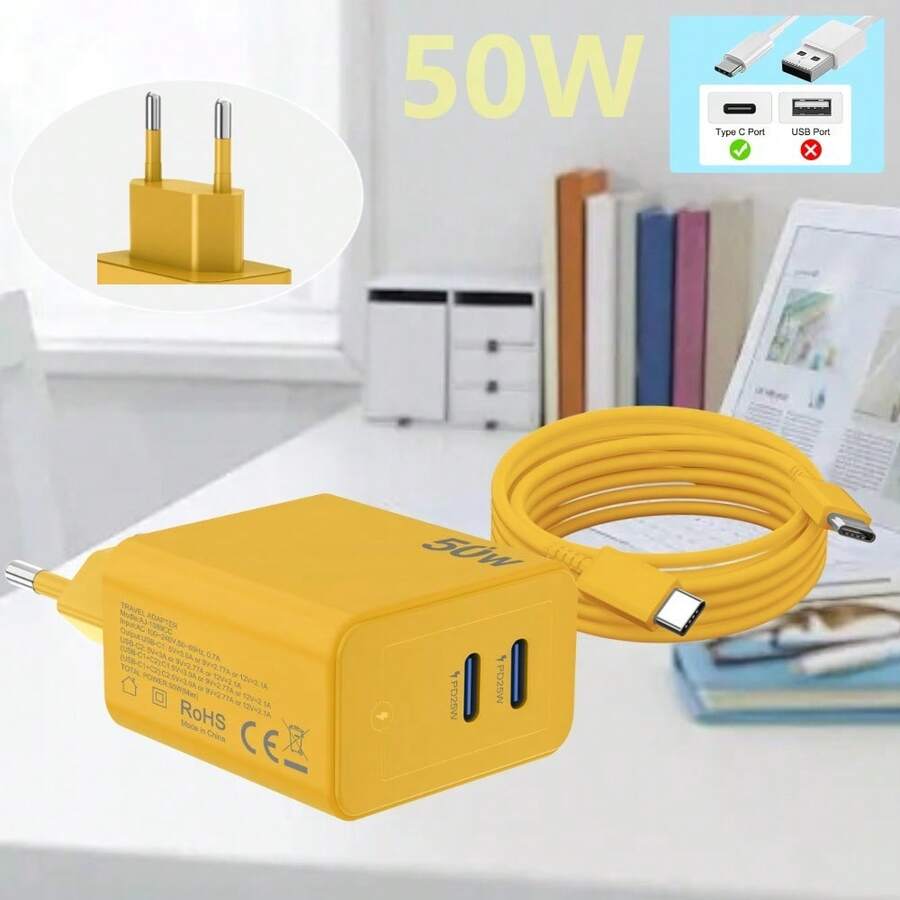 50W Fast Charger With 2 Type-C Ports, Compatible With IPhone 17/16/15 Pro Max, Pro, And More, Includes 1M Type-C To Type-C Cable - EU Plug (Yellow)