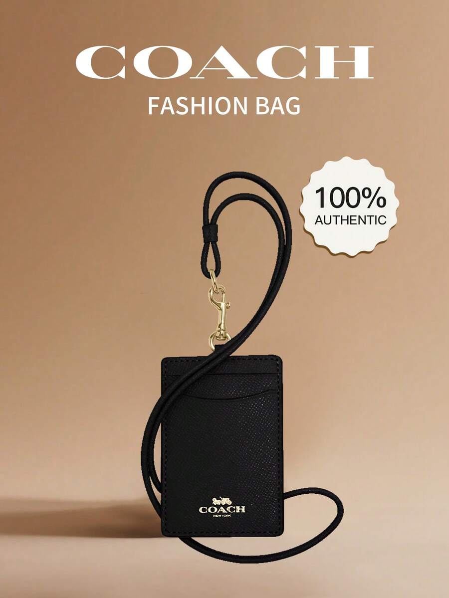 Coach 竖款真皮证件卡套,带透明证件窗口、2个信用卡槽和可拆卸颈带 - 黑色 - 查看 1