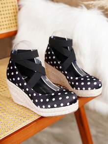 Women's Wedge & Platform Slip-On Espadrille Shoes, Black Round Toe Vacation Beach Woven Strap Sandals, Vacation Rope Sole Elastic Band Paired With Women's Shoes - Black - View 7