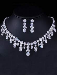 1 Set Sparkling Water Drop Cubic Zirconia Tassel Dangle Leaf Necklace Earrings Silver Plated CZ Bridal Jewelry Set For Women Brides Wedding Party Pageant - 2pcs Jewelry Set - View 4