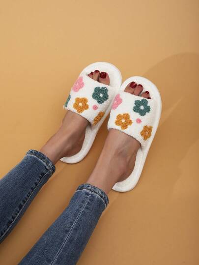 Women's Open Toe Fluffy Slippers, Plant Fabric Embroidered Fairy Design, Fashionable Indoor Outdoor Slip-On Sandals For All Seasons