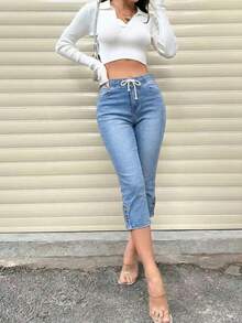 New Women's High-Waisted, Stretchy, Side-Button Drawstring Cropped Jeans, Machine Washable, Suitable For Spring And Autumn. - 藍色 - 查看 2