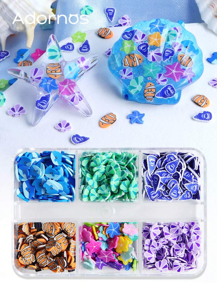 1盒海洋夏日风软粘土切片树脂模具，小丑鱼、鲨鱼、贝壳设计树脂工艺填充物，沙滩假日钥匙扣吊坠装饰品