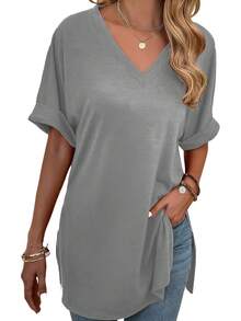 3pcs/Set 2026 Women's Fashion Spring/Summer New Arrival, Loose Side Slit Mid-Length T-Shirt, Solid V-Neck Short Sleeve Casual Top, Basic Tee, Suitable For Daily Commute, Dating, Versatile, Streetwear, Machine Washable - Multicolor - View 6