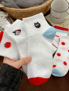 1/5 双春夏百搭薄款透气波点条纹可爱中筒短袜 - 彩色 - 查看 4