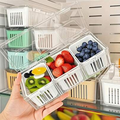 一套带盖可重复使用食品储物盒，三格透明冰箱收纳盒，适用于沙拉、水果、蔬菜、调味品，便携式旅行户外午餐盒