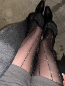 Shiny Silver Vertical Striped Pantyhose, Slimming Black Tights Resistant To Snagging - Multicolor - View 4