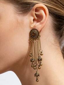 1对复古水钻流苏铃铛吊坠耳环，适合女士派对佩戴 - 彩色的 - 查看 3