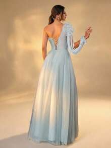 Women's Asymmetrical Neck Long Tulle Dress With Appliques And Lace-Up Back - Baby Blue - View 2